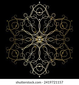 Golden mandala with six beams on black background. Spectacular, sophisticated pattern of curved lines. Decorative lace pattern vector illustration. Floral Indian ornaments for print. 