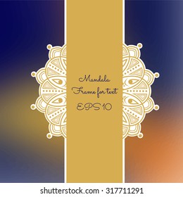 Golden mandala sticker frame for text on a blue and gold blurred background