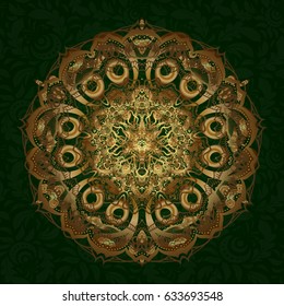 Golden mandala. Vector gold sparkle pattern. Abstract luxury ornate bright texture. Brilliant ornament background for designs. Glowing decoration cover invitation for holiday.