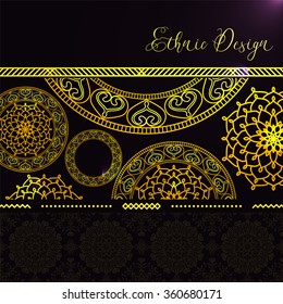 Golden mandalas with highlights. Vector background. Ethnic design. Vintage Round Ornament Pattern. Islamic, Arabic, Indian, Bohemian, Gypsy. Decorative Elements for Card or any other kind of Design.