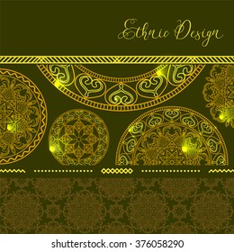 Golden mandalas with highlights. Vector background. Ethnic design. Vintage Round Ornament Pattern. Islamic, Arabic, Indian, Bohemian, Gypsy. Decorative Elements for Card or any other kind of Design.