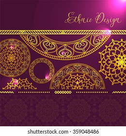 Golden mandalas with hot spots. Vector background. Ethnic design. Vintage Round Ornament Pattern. Islamic, Arabic, Indian, Bohemian, Gypsy. Decorative Elements for Card or any other kind of Design.
