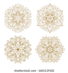 Golden mandalas vector illustrations set. Ethnic style temporary tattoos collection.