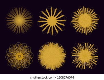 Golden mandalas vector set. Delicate gold mandala symbols isolated on dark background. Eastern esoteric signs and symbols for logo, emblem design and holiday decoration
