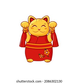 Golden Maneki Neko Japanese good luck cat on a white isolated background. Statuette in a red kimono. Symbol wealth. Vector cartoon illustration.