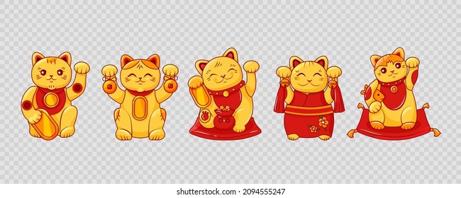 Golden Maneki Neko set on a transparent background. Japanese cats of luck and wealth. Vector cartoon illustration.