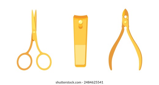 Golden manicure tools collection for nail master isolated on white background.
