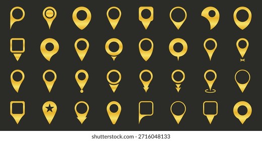 Golden Map Pin Icons Solid Icon Set. Location Markers, Navigation, And Gps Positioning Silhouette Symbol Collection. Geolocation And Mapping Tools. Isolated Vector Illustration.