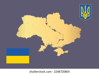 Golden map of Ukraine with rivers and lakes, Coat of arms of Ukraine, and Flag of Ukraine. Please look at my other images of cartographic series - they are all very detailed and carefully drawn by han