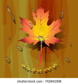 a golden maple leaf lies on a tree, autumn drops create rain drops, orange and yellow, ocher shades give warmth, downstairs there is an inscription on the tree