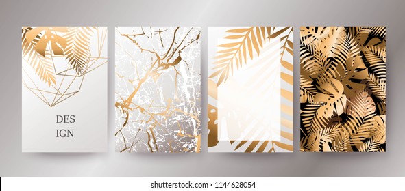 Golden marble texture and gold palm leaves card design. Modern exotic brochure, banner cover template.