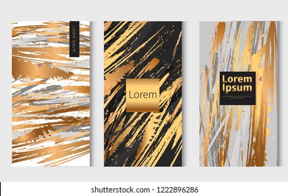 Golden marble texture vector design. Artistic brushes covers design. Greeting and save date colorful cards. Vector illustration.