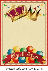 Golden Mardi Gras design element. Carnival background. Two carnival crowns. 