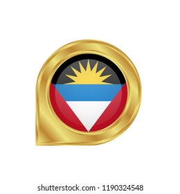 Golden marker location icon and national flag Barbuda.Vector illustration. Golden map pointer isolated on white background.