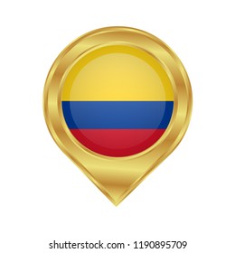 Golden marker location icon and national flag Colombia.Vector illustration. Golden map pointer isolated on white background.