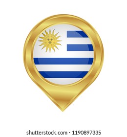 Golden marker location icon and national flag Uruguay.Vector illustration. Golden map pointer isolated on white background.