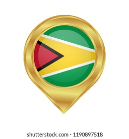 Golden marker location icon and national flag Guyana.Vector illustration. Golden map pointer isolated on white background.