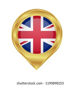 Golden marker location icon and national flag United Kingdom.Vector illustration. Golden map pointer isolated on white background.