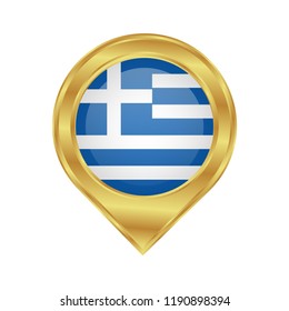 Golden marker location icon and national flag Greece.Vector illustration. Golden map pointer isolated on white background.