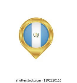 Golden marker location icon and national flag Guatemala.Vector illustration. Golden map pointer isolated on white background.