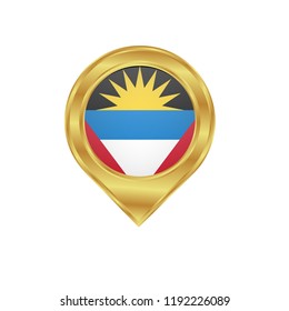 Golden marker location icon and national flag Antigua and Barbuda.Vector illustration. Golden map pointer isolated on white background.