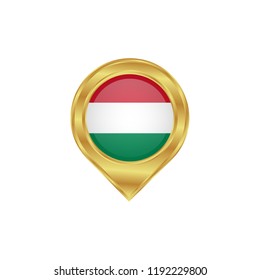 Golden marker location icon and national flag Hungary.Vector illustration. Golden map pointer isolated on white background.