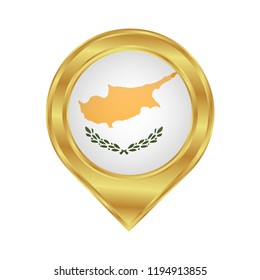 Golden marker location icon and national flag Cyprus.Vector illustration. Golden map pointer isolated on white background.