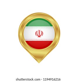 Golden marker location icon and national flag Iran.Vector illustration. Golden map pointer isolated on white background.