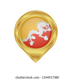 Golden marker location icon and national flag Bhutan.Vector illustration. Golden map pointer isolated on white background.