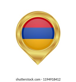 Golden marker location icon and national flag Armenia.Vector illustration. Golden map pointer isolated on white background.