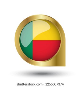 Golden marker location icon and national flag Benin.Vector illustration. Golden map pointer isolated on white background.