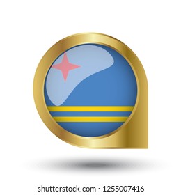 Golden marker location icon and national flag Aruba.Vector illustration. Golden map pointer isolated on white background.