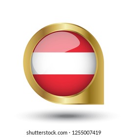 Golden marker location icon and national flag Austria.Vector illustration. Golden map pointer isolated on white background.