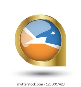 Golden marker location icon and national flag Bandera de la Provincia de Tierra del Fuego.Vector illustration. Golden map pointer isolated on white background.