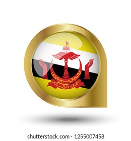 Golden marker location icon and national flag Brunei Darussalam.Vector illustration. Golden map pointer isolated on white background.