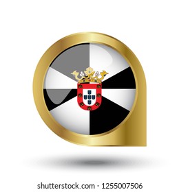 Golden marker location icon and national flag Ceuta.Vector illustration. Golden map pointer isolated on white background.