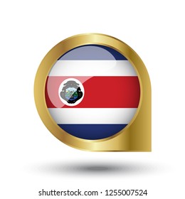 Golden marker location icon and national flag Costa Rica.Vector illustration. Golden map pointer isolated on white background.