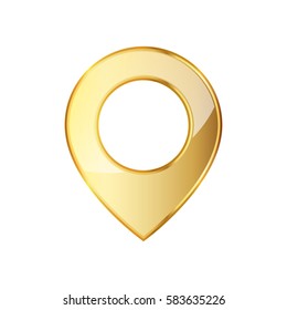 Golden marker location icon. Vector illustration. Golden map pointer isolated on white background.