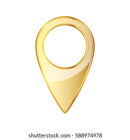 Golden marker location icon. Vector illustration. Golden map pointer isolated on white background.