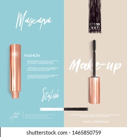 Golden mascara make-up booklet or brochure background. Brush and mascara tube. Black wand and golden tube on light pink and light blue background. Fashionable cosmetics Make up design for Eyes.