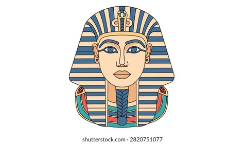 Golden mask of ancient egyptian pharaoh king tutankhamun head with traditional stripes in detailed vector illustration.