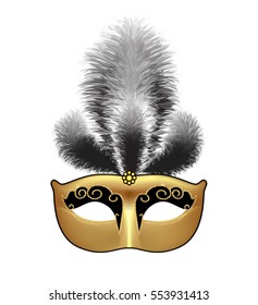 Golden mask with black feathers isolated on white background. Mardi Gras or Venetian masquerade festival. Vector Illustration.