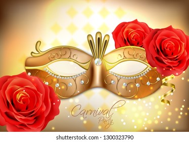 Golden mask with diomonds Vector realistic. Stylish Masquerade Party. Mardi Gras card invitation. Night Party Poster. Dance Flyer lights. Musical festival banner templates