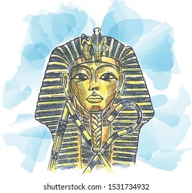 Golden mask of Egyptian pharaoh hand drawn Watercolor