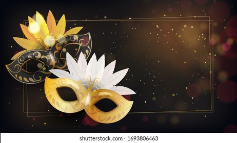 Golden mask made of glitter on coral background