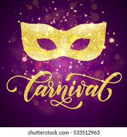 Golden mask for Mardi Gras, Venetian carnival masquerade. Gold glitter calligraphy lettering on purple sparkling background with confetti fireworks