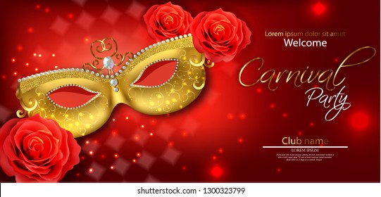 Golden Mask And Red Rose Vector Realistic. Stylish Masquerade Party. Mardi Gras Card Invitation. Night Party Poster. Dance Flyer Lights. Musical Festival Banner Templates