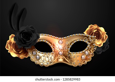 Golden mask with roses and diamond decorations in 3d illustration for carnival