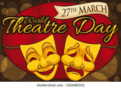 Golden masks over greeting sign with red curtains ready for a drama night during World Theater Day celebration this 27th March.