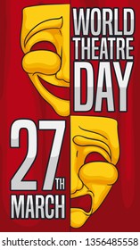 Golden masks sliced in two pieces representing comedy and tragedy symbols over a stage curtain to celebrate World Theatre Day in March 27.